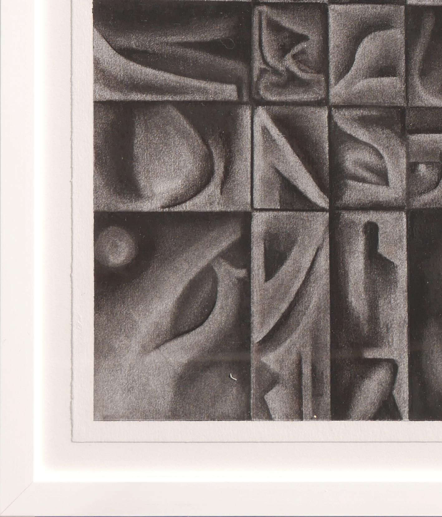 Contemporary black and white geometric charcoal drawing by artist James McCahon. This drawing features dark and light shades of rectangular shapes.
Signed and dated on the bottom right corner. Currently hung in a simple white frame. 

Dimensions
