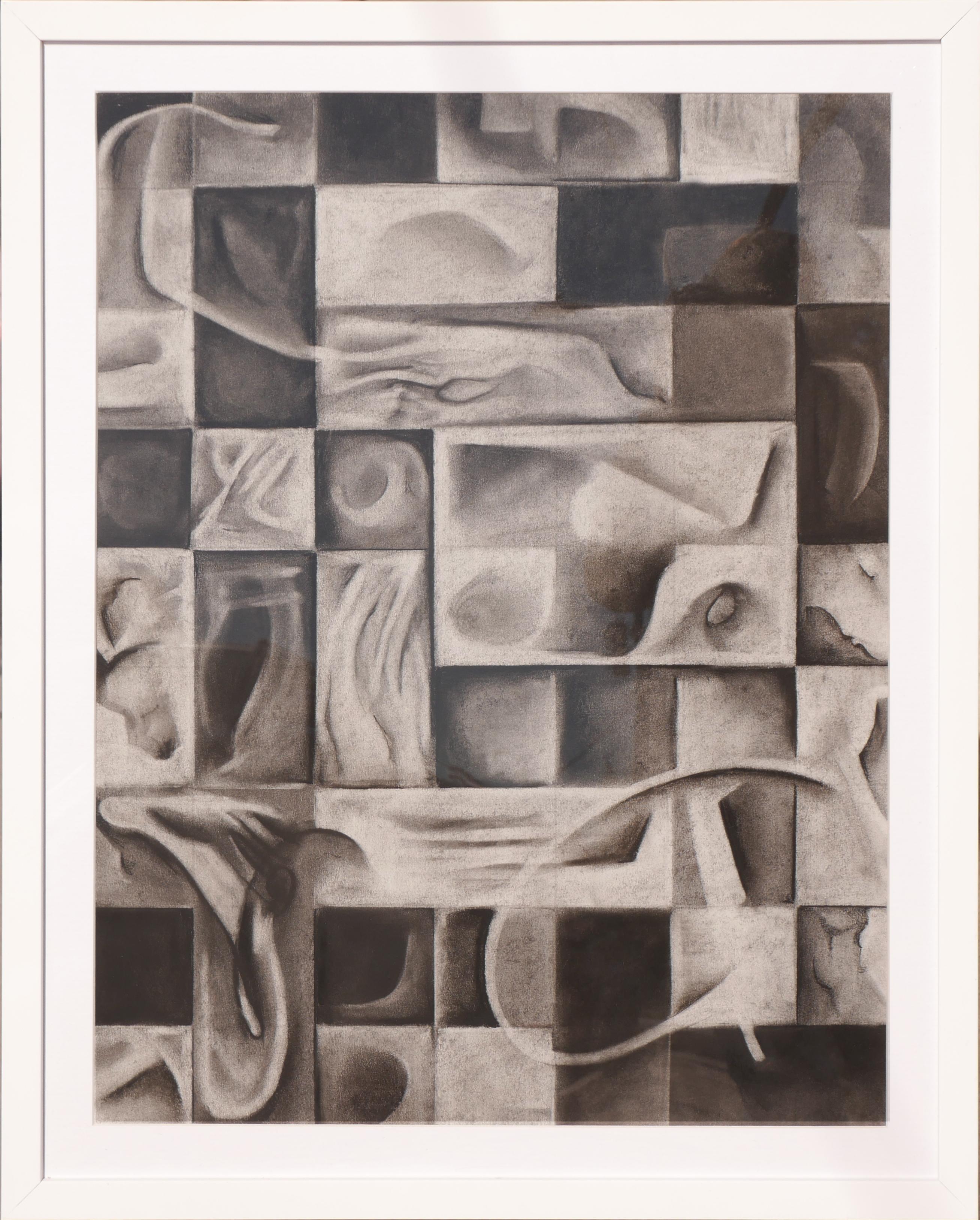 Abstrakte zeitgenössische geometrische Kohlezeichnung ohne Titel „Untitled“ auf Papier