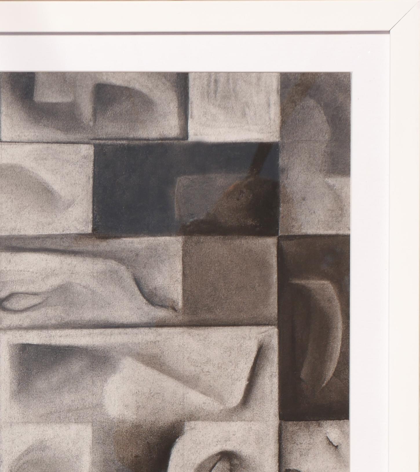 Contemporary black and white geometric charcoal drawing by artist James McCahon. This drawing features an unbalanced composition of dark and light square and rectangular shapes Signed and dated at the bottom right corner and is currently hung in a