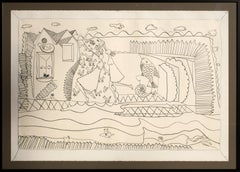 Modern Surreal Abstract Pastoral Farm Landscape Drawing of Two Women and Animals
