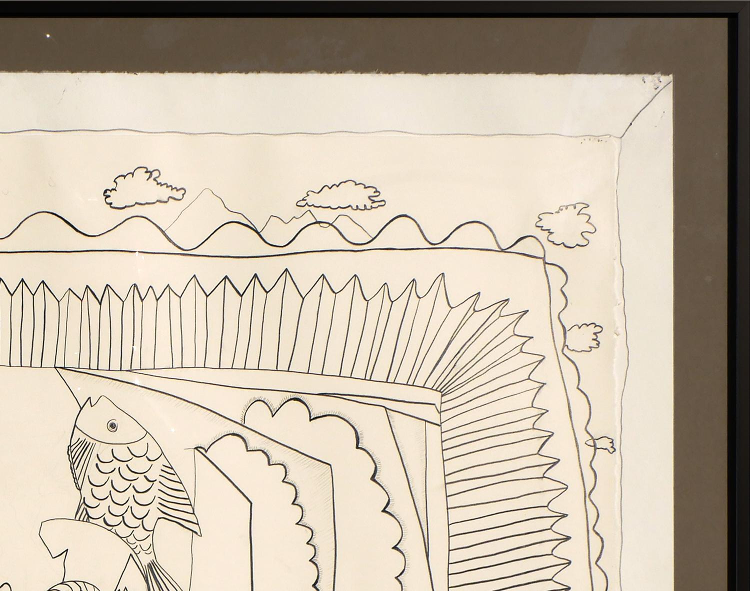 Schwarz-weiße abstrakte figurative Tuschezeichnung von Floyd Newsum. Das Werk zeigt eine surreale, pastorale Bauernhofszene, in der zwei weibliche Figuren und verschiedene Tiere in der Landschaft zu schweben scheinen. Signiert und datiert in der