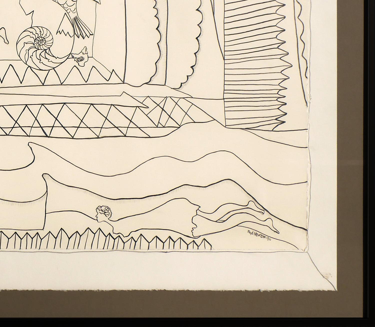 Moderne surreale abstrakte pastorale Bauern-Landschaftszeichnung von zwei Frauen und Tieren im Angebot 2