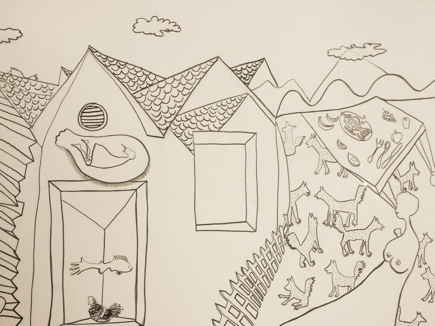 Dibujo Moderno Surrealista Abstracto Paisaje Pastoral de Granja de Dos Mujeres y Animales 4