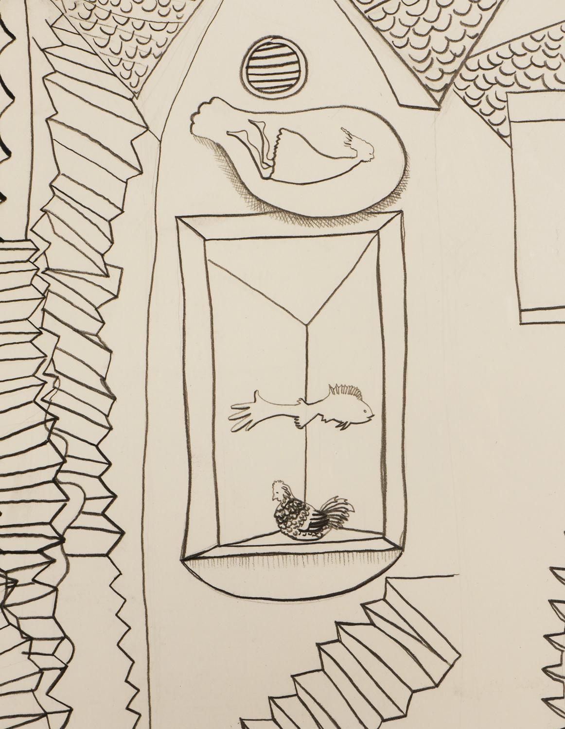 Dibujo Moderno Surrealista Abstracto Paisaje Pastoral de Granja de Dos Mujeres y Animales 5
