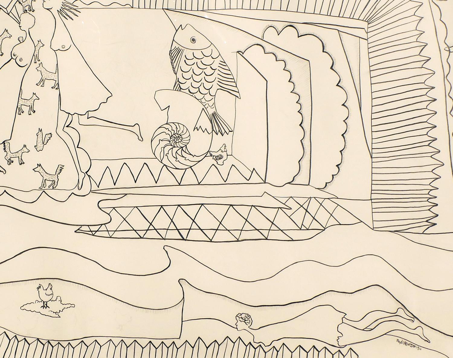 Dibujo Moderno Surrealista Abstracto Paisaje Pastoral de Granja de Dos Mujeres y Animales 3