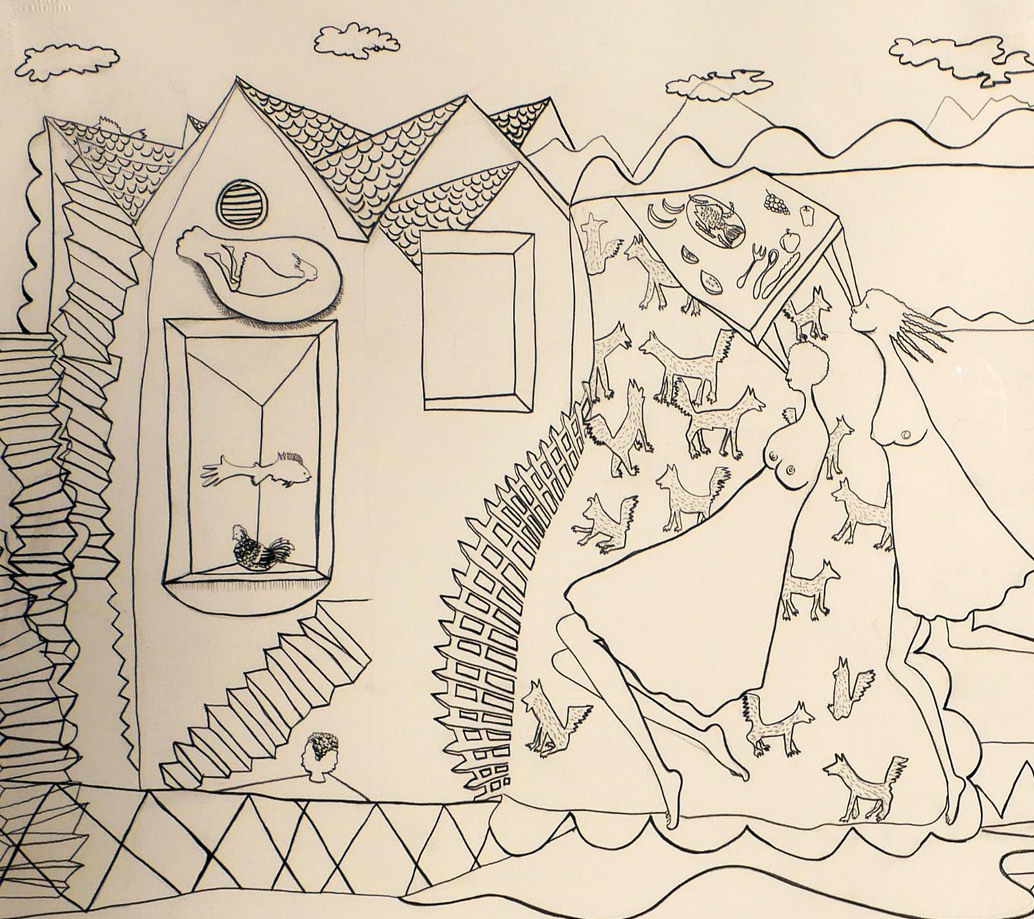 Modern Surreal Abstract Pastoral Farm Landscape Drawing of Two Women and Animals For Sale 1