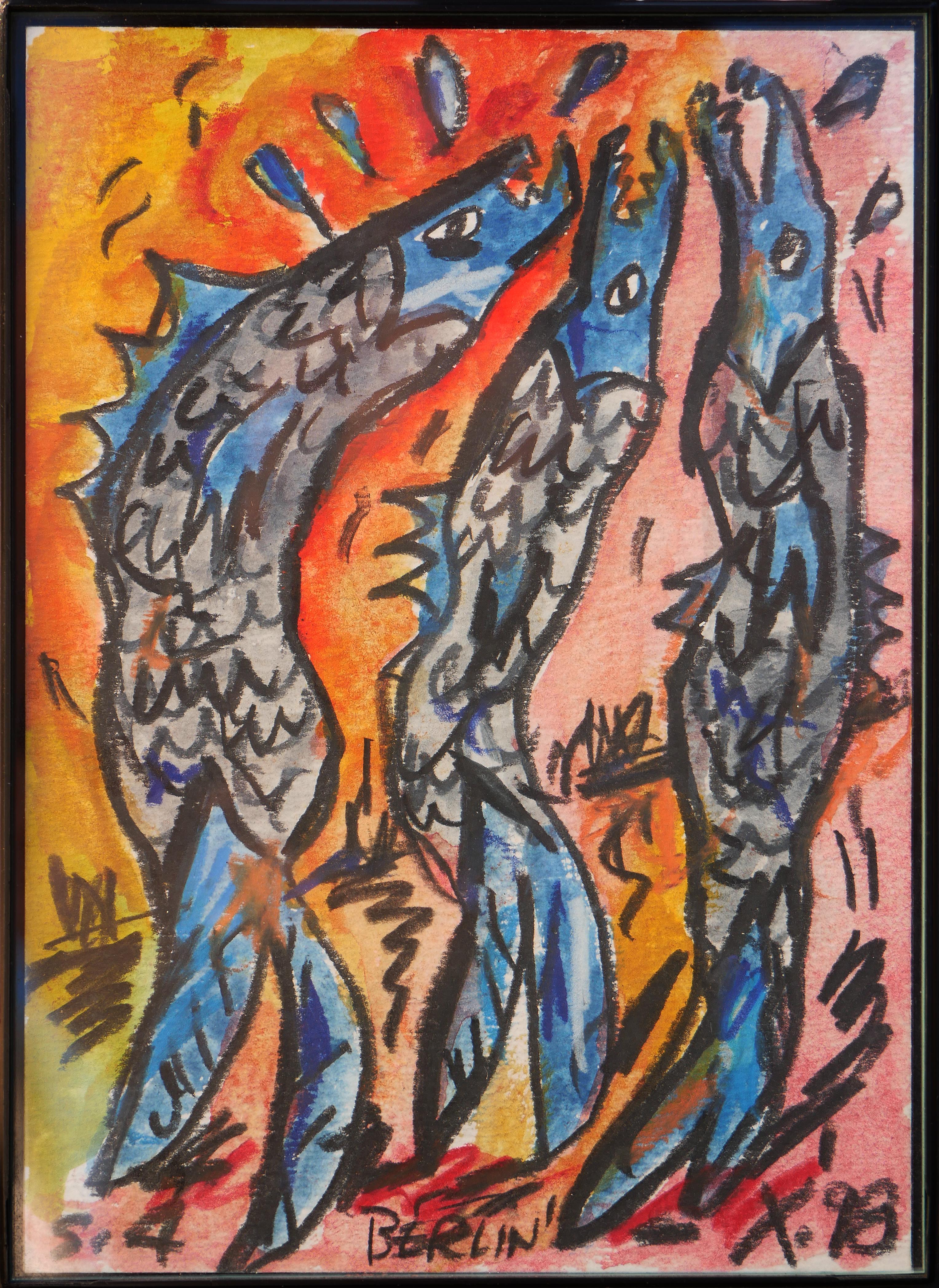 Frank X. Tolbert 2 Abstract Drawing - Modern Colorful Mixed Media Abstract of a Pair of Blue Eels Against Red