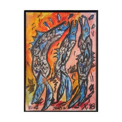 Modern Colorful Mixed Media Abstract of a Pair of Blue Eels Against Red