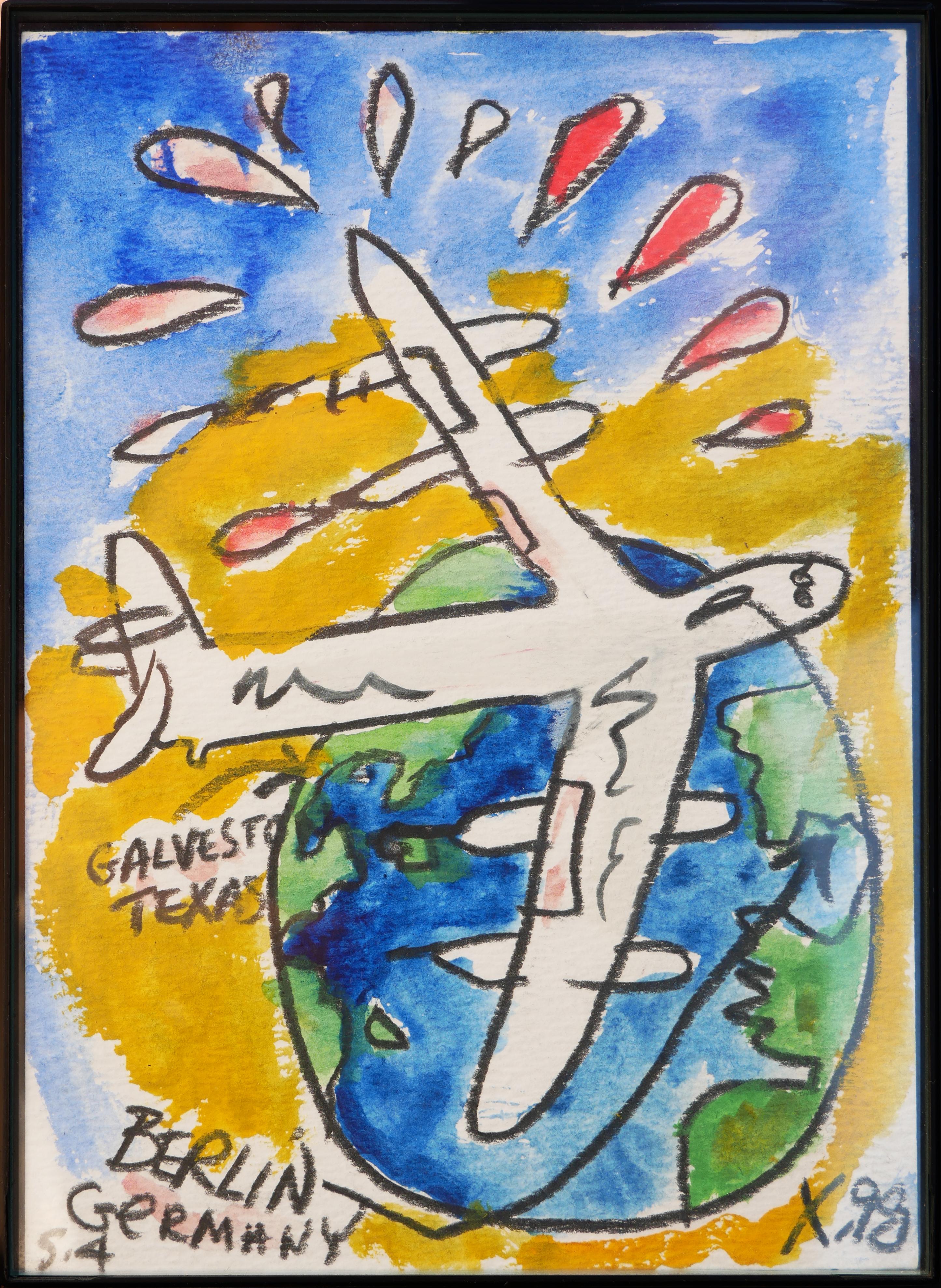 Frank X. Tolbert 2 Abstract Drawing - Modern Colorful Mixed Media Abstract of the Earth & a Plane Seen from Space