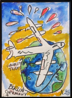 Modern Colorful Mixed Media Abstract of the Earth & a Plane Seen from Space