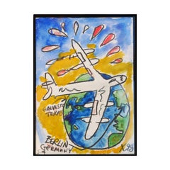 Modern Colorful Mixed Media Abstract of the Earth & a Plane Seen from Space