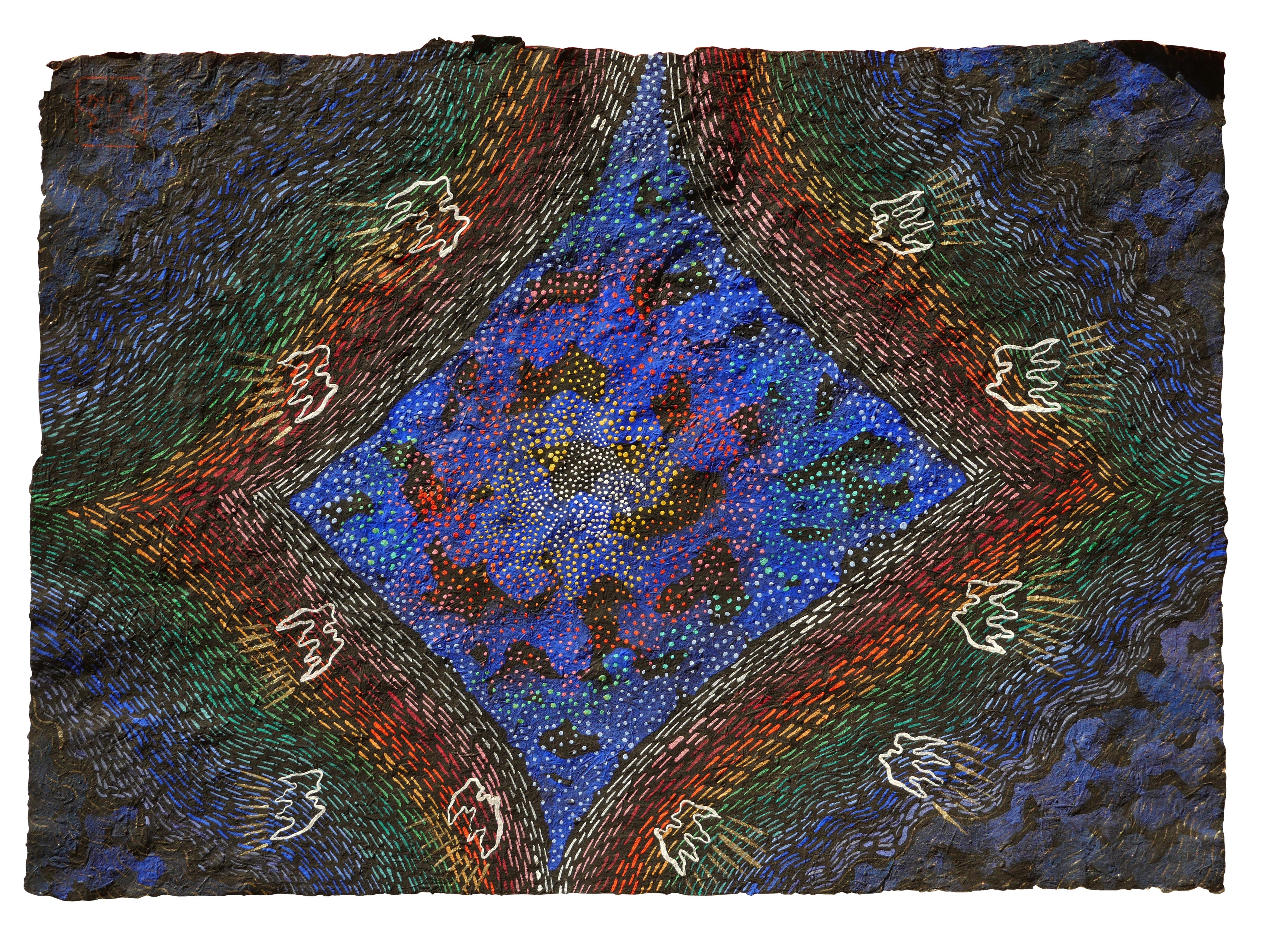 „Kabbalah“ Modernes blaues, grünes und rotes, hebräisch inspiriertes abstraktes Gemälde – Mixed Media Art von Dee Wolff