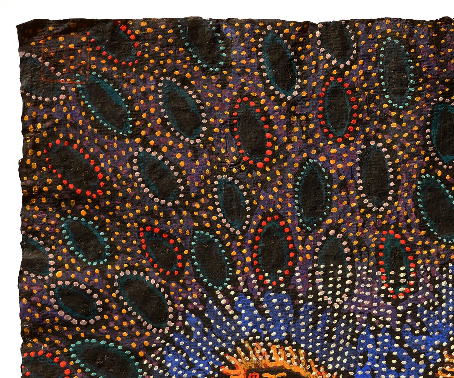 Modernes abstraktes Gouache-Gemälde in neutralen Farbtönen der in Texas lebenden Künstlerin Dee Wolff. Das Werk zeigt hebräische Texte aus der Hekhalot-Literatur, umgeben von bunten abstrakten Punkten. Hekhalot-Text, abgeleitet von dem hebräischen