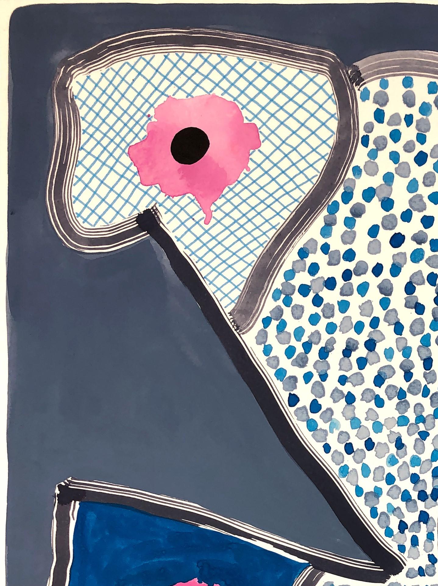 Contemporary abstract geometric colorful patterned work on paper by Texas-based artist Max Manning. The work features organic and  geometric shapes in pinks, blues, grays, black, and white. Signed by the artist on the back of the piece.

Artist