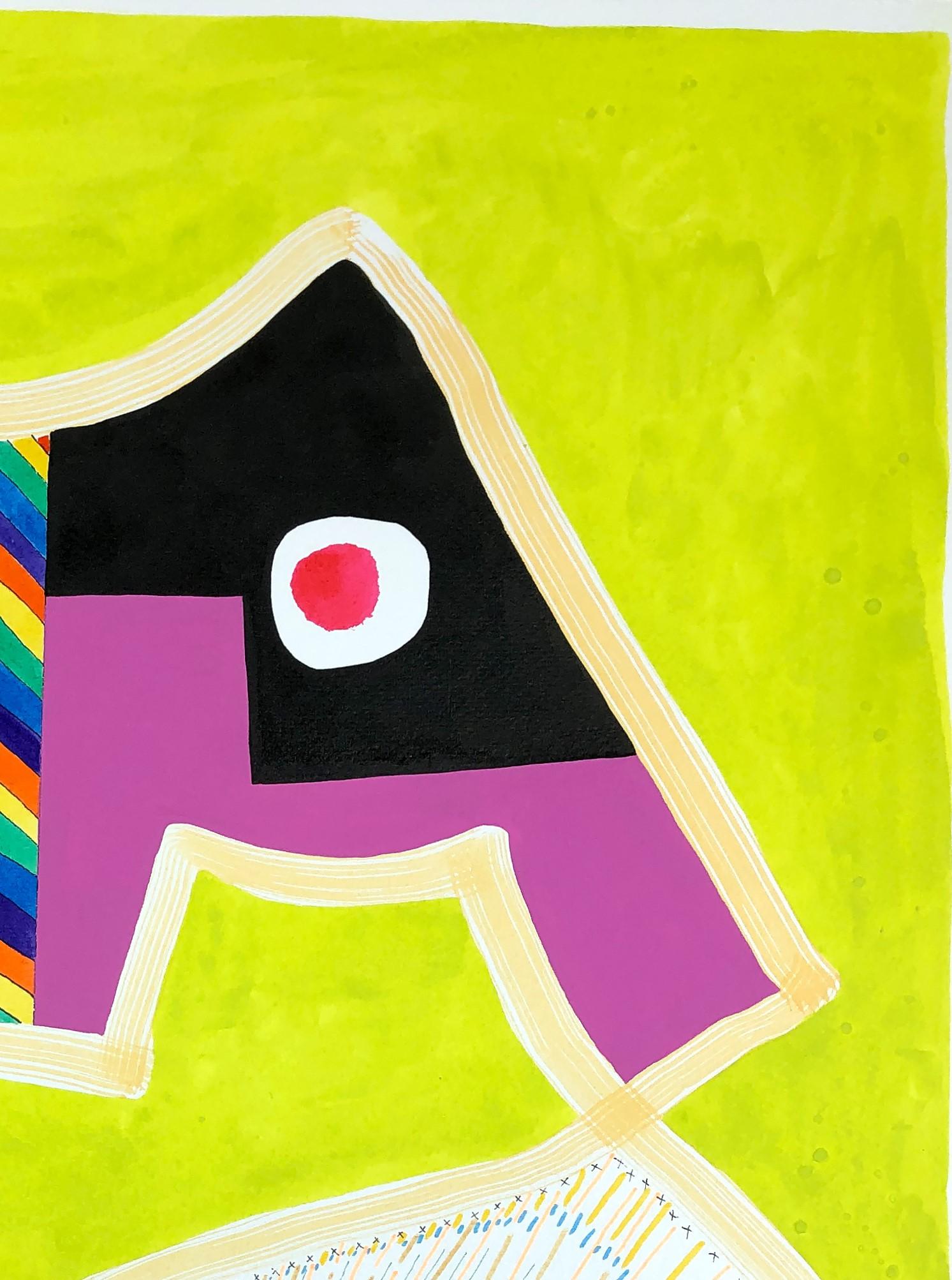Œuvre abstraite et géométrique contemporaine à motifs colorés, réalisée sur papier par l'artiste texan Max Manning. L'œuvre comporte des éléments organiques et  des formes géométriques en rose, bleu, vert, noir et blanc. Signé par l'artiste au dos