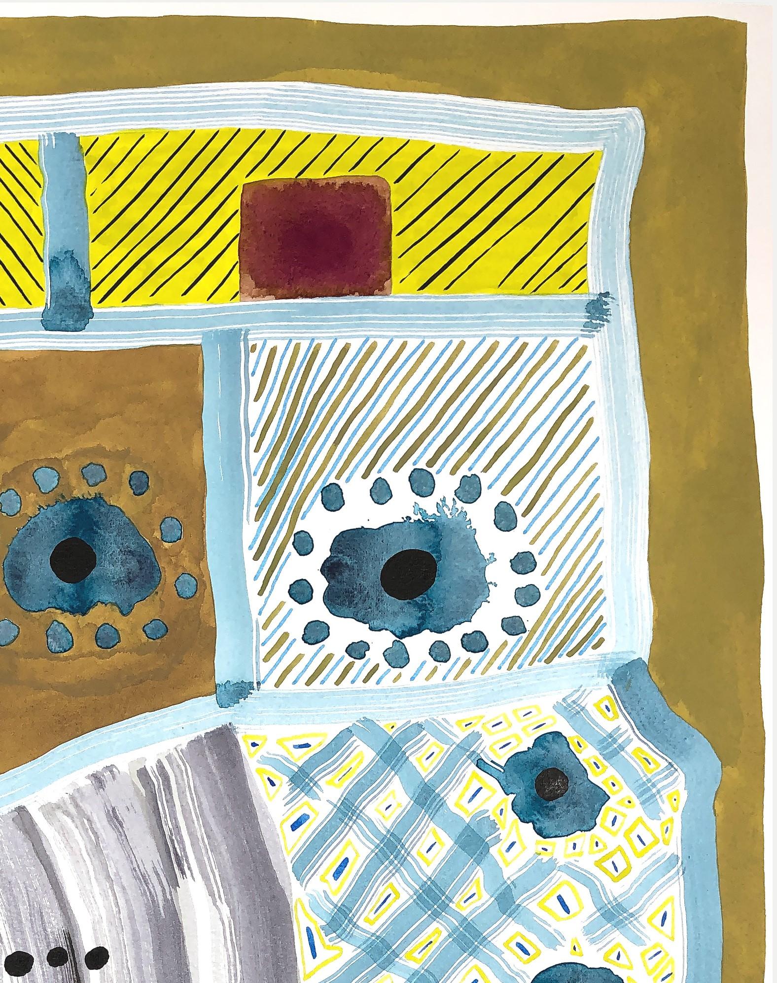 Œuvre abstraite et géométrique contemporaine à motifs colorés, réalisée sur papier par l'artiste texan Max Manning. L'œuvre comporte des éléments organiques et  des formes géométriques en jaune, bleu, noir et blanc. Signé par l'artiste au dos de la