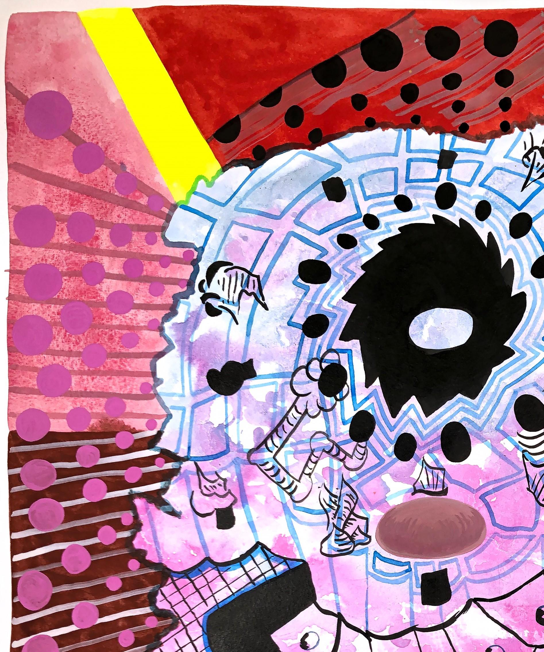 Zeitgenössisches abstraktes geometrisches Gemälde mit bunten Mustern des in Texas lebenden Künstlers Max Manning. Das Werk weist organische und  geometrische Formen in Rot, Rosa, Blau, Gelb, Schwarz und Weiß. Signiert vom Künstler auf der Rückseite