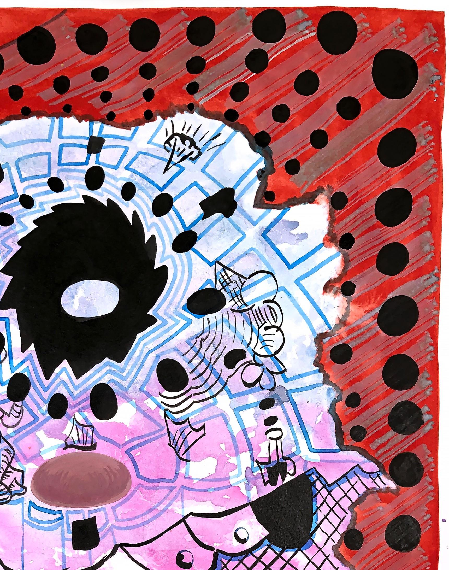 Peinture abstraite, géométrique, colorée et à motifs, réalisée par l'artiste texan Max Manning. L'œuvre comporte des éléments organiques et  des formes géométriques en rouge, rose, bleu, jaune, noir et blanc. Signé par l'artiste au dos de la toile.