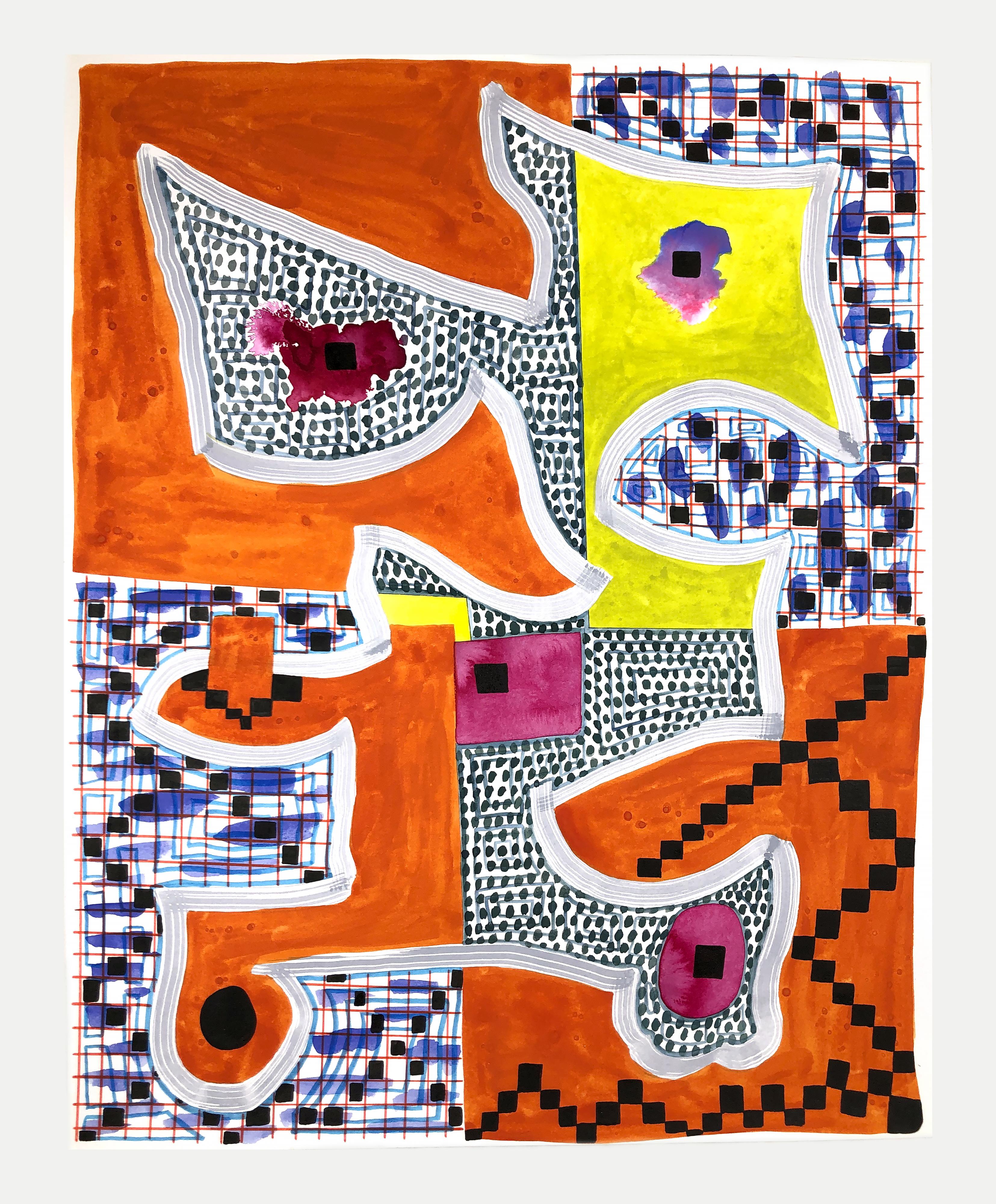 Contemporary abstract geometric colorful patterned painting by Texas-based artist Max Manning. The work features organic and  geometric shapes in orange, yellow, black, and white. Signed by the artist on the back of the canvas. Currently unframed,