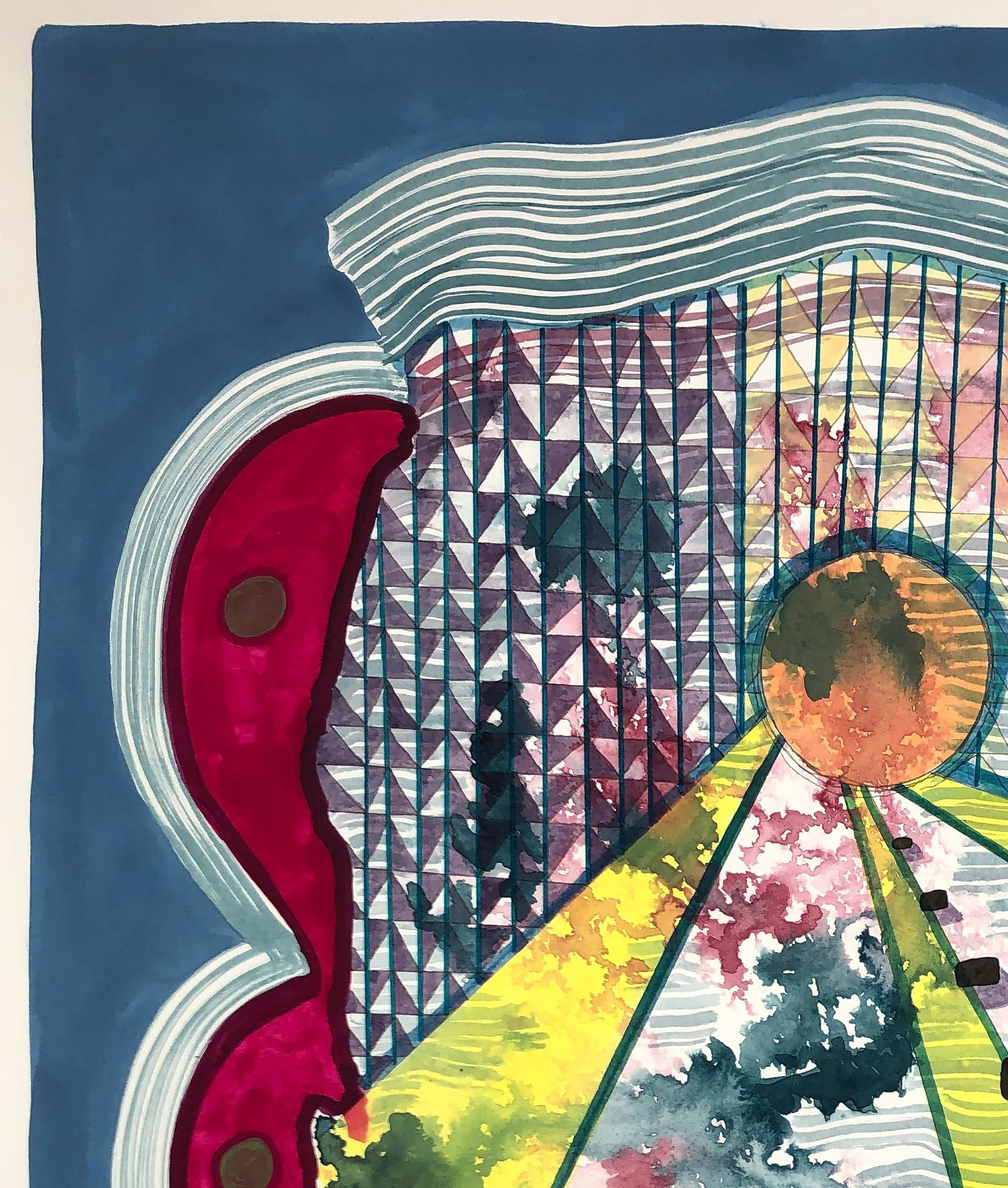 Zeitgenössisches abstraktes geometrisches Gemälde mit bunten Mustern des in Texas lebenden Künstlers Max Manning. Das Werk weist organische und  geometrische Formen in Blau, Magenta, Gelb, Grün, Schwarz und Weiß. Signiert vom Künstler auf der