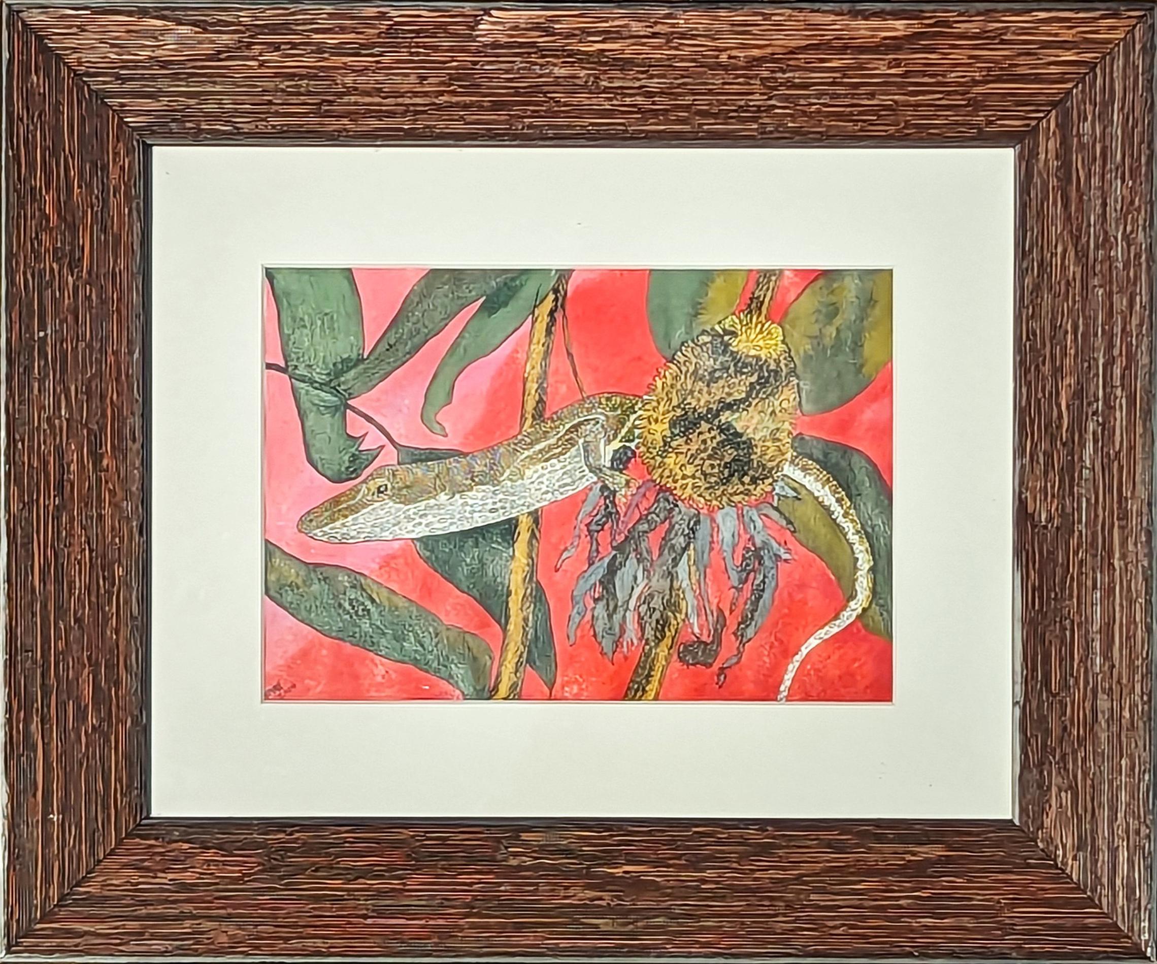 Marguerite Baldwin Animal Art - “Anatole in the Red City” Red & Green Abstract Drawing of a Reptile by a Plant