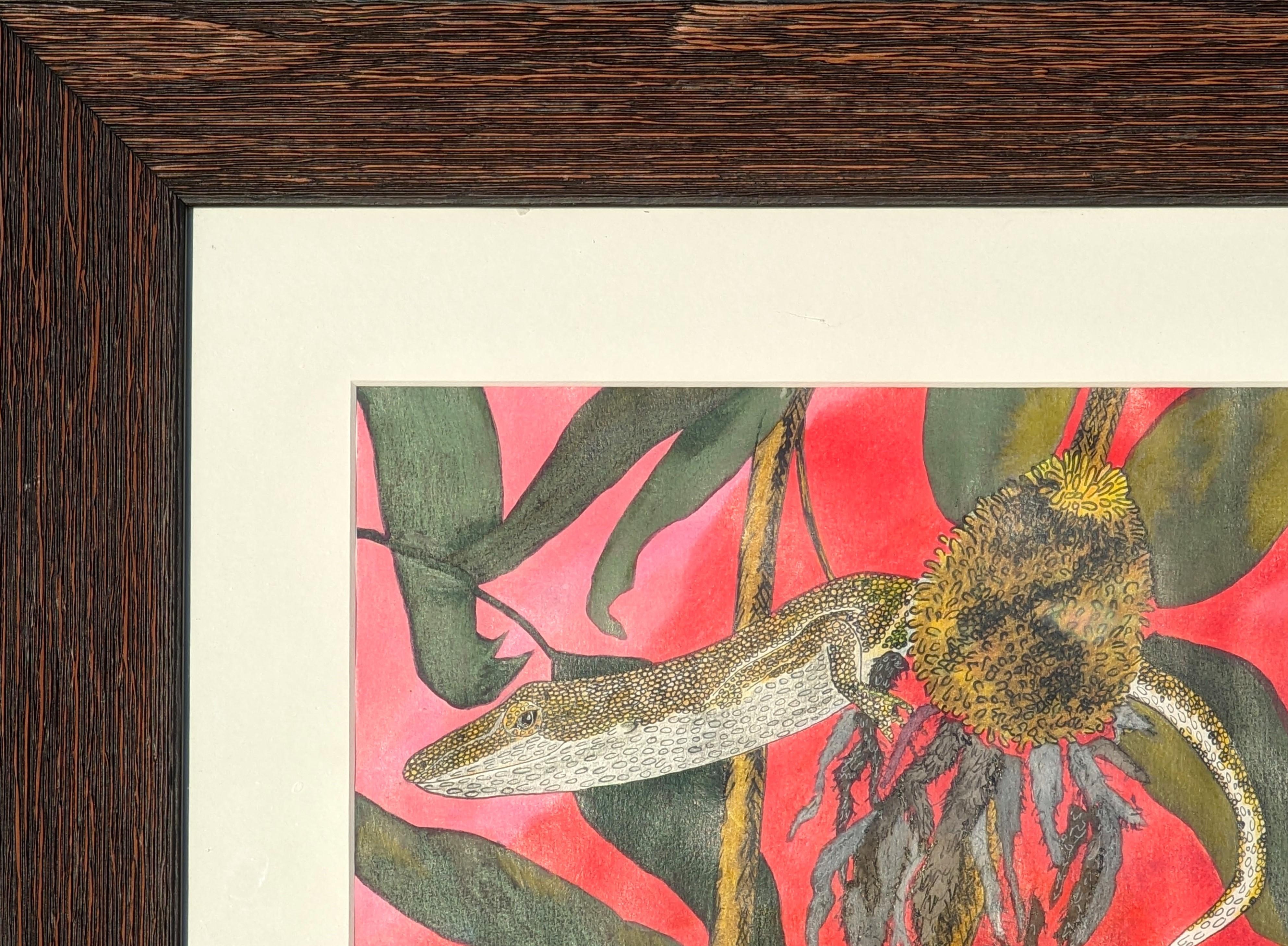 Red and green abstract drawing by Houston, TX artist Marguerite Baldwin. The drawing depicts a lizard on a plant against a red background. Signed and dated by the artist at the bottom left corner. The piece is framed and matted in a natural raised