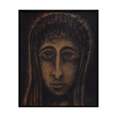 "Head of Christ" Large Black Figurative Enamel Painting of Jesus Christ's Face