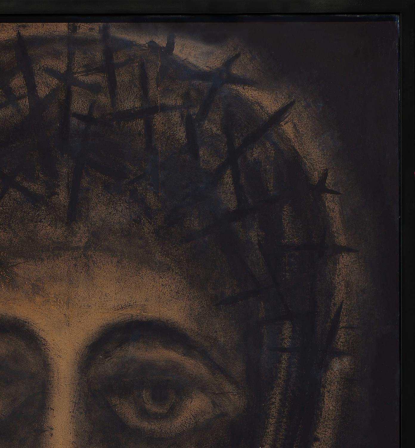 Large abstract figurative painting by Houston, TX artist Frank Dolejska. The painting depicts the face of Jesus Christ in black drawn on a brown board. Originally came out of the estate of Edward Mayo, the long-time registrar at the Museum of Fine