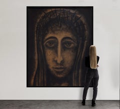 "Head of Christ" Large Black Figurative Enamel Painting of Jesus Christ's Face