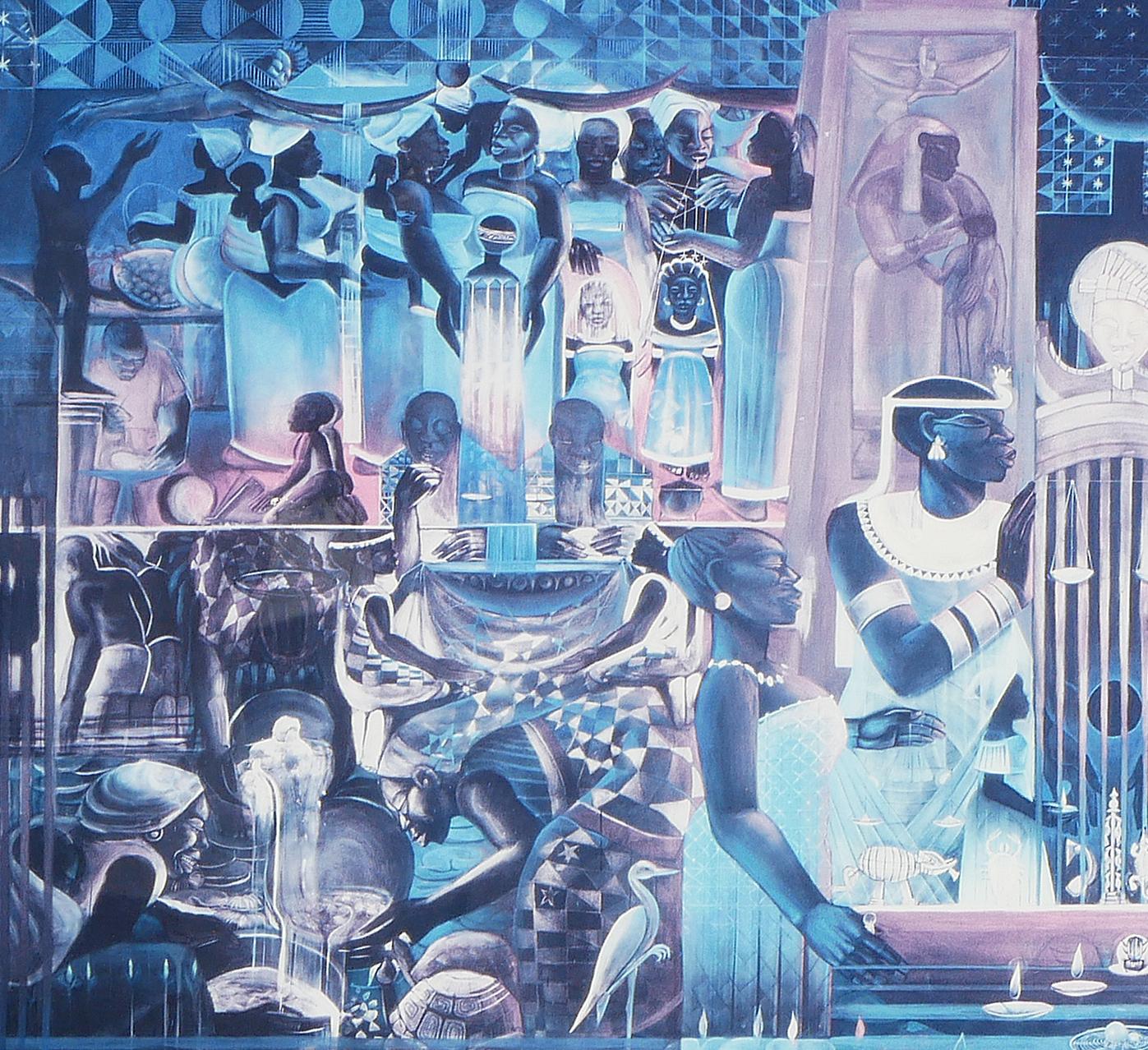« Nubia » - Paysage historique africain abstrait figuratif aux tons bleus 3
