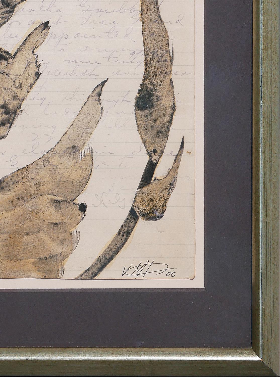Monochromatic abstract work on paper by Houston, TX artist Vergel Grotfeldt. This piece depicts a black figure of a swan and snail on leaves and tree branches. These figures are drawn on an old letter with signs of wear, purposefully chosen to