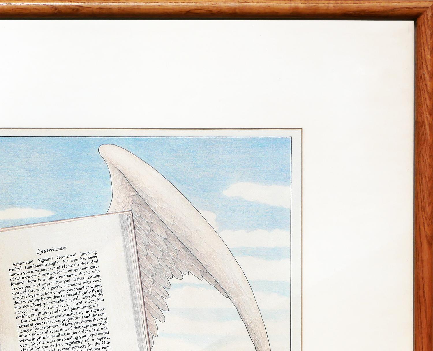 Abstrakte surrealistische Zeichnung in Pastellgrün, Blau, Grau und Weiß des Künstlers T. Moore. Das Werk zeigt ein schwebendes Buch mit Flügeln vor einer üppigen und heiteren Landschaft mit einem markanten Obelisken auf der rechten Seite. Unten