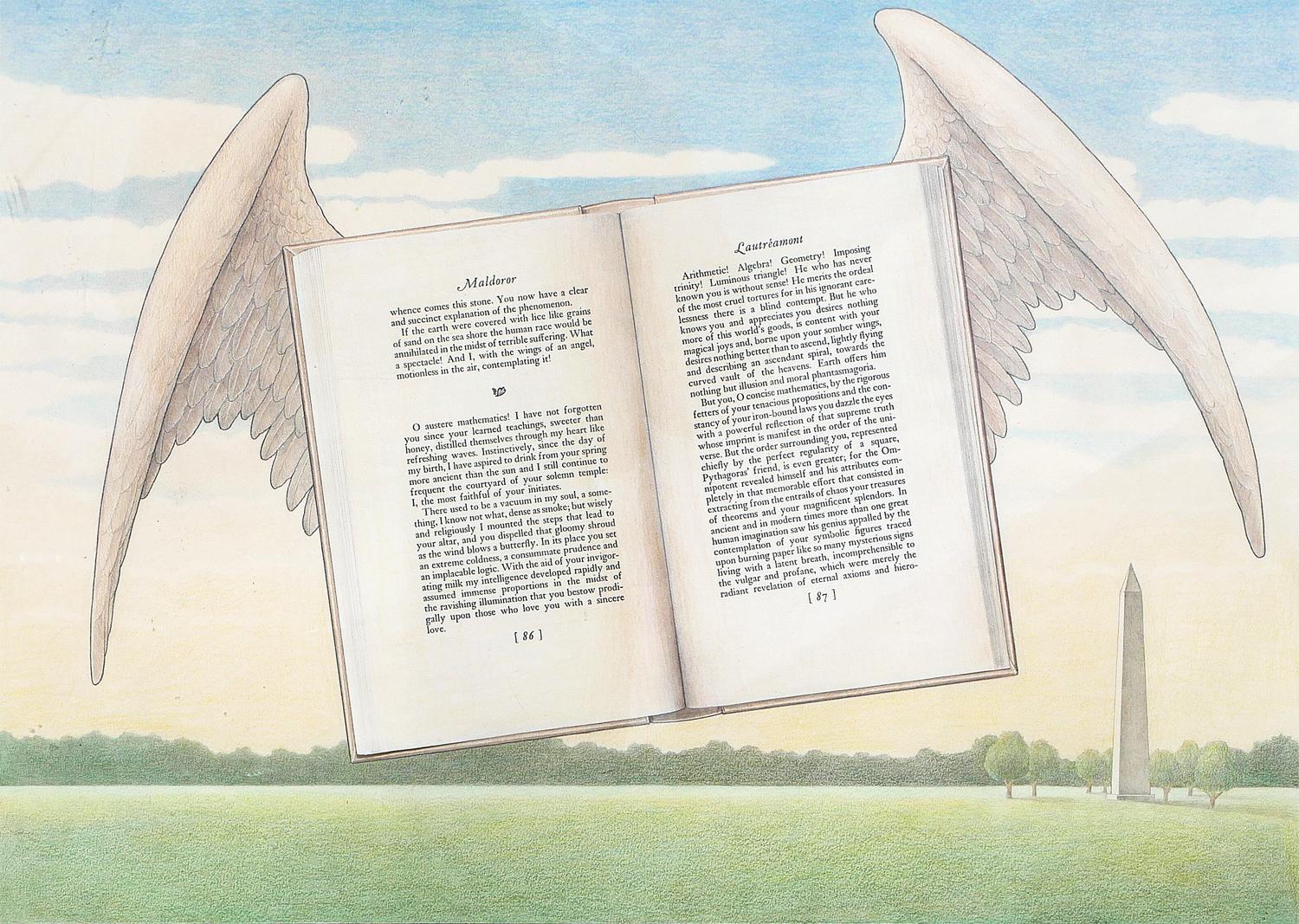 „Und ich, mit den Flügeln eines Engels, bewegungslos in der Luft...“ Surrealistische Zeichnung im Angebot 3