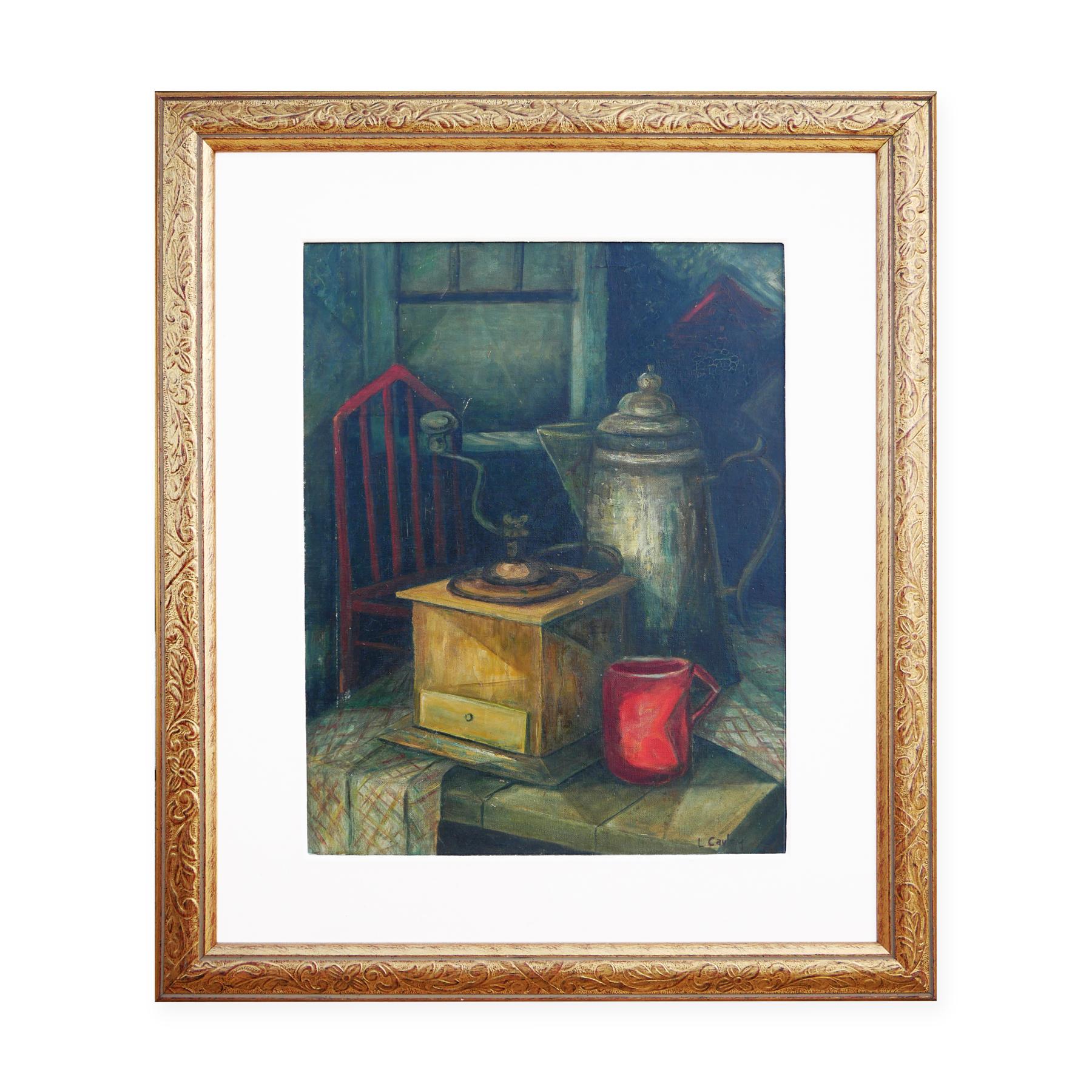 Modern Green and Red-Toned Abstract Cubist Still Life of Coffee Pot and Grinder - Art by Unknown