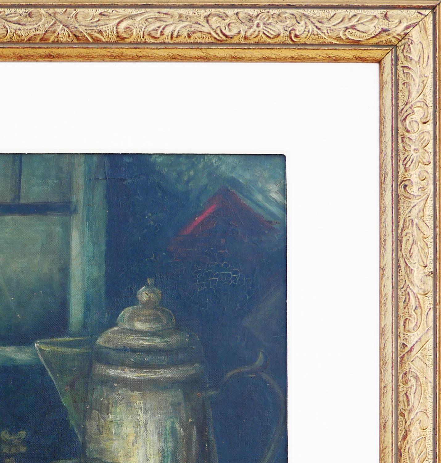 Neutral toned abstract cubist still life painting of an antique coffee grinder arranged next to a coffee pot. Signed in the front lower right corner. Currently hung in a gold frame with a white matting. 

Dimensions Without Frame: H 19.38 in. x W 15