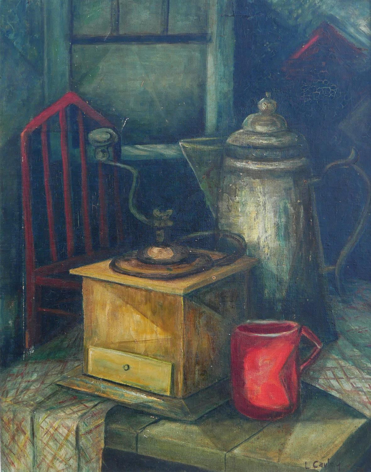 Modern Green and Red-Toned Abstract Cubist Still Life of Coffee Pot and Grinder For Sale 3