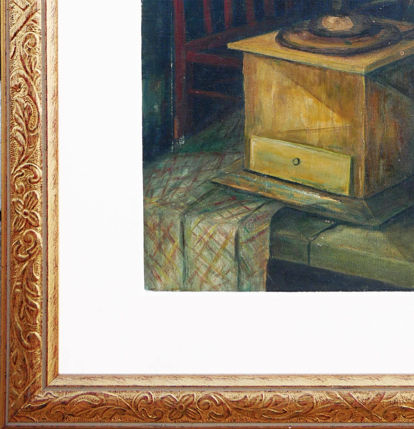 Modern Green and Red-Toned Abstract Cubist Still Life of Coffee Pot and Grinder For Sale 1