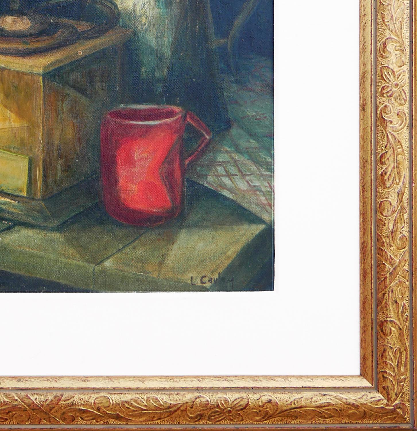 Modern Green and Red-Toned Abstract Cubist Still Life of Coffee Pot and Grinder For Sale 2