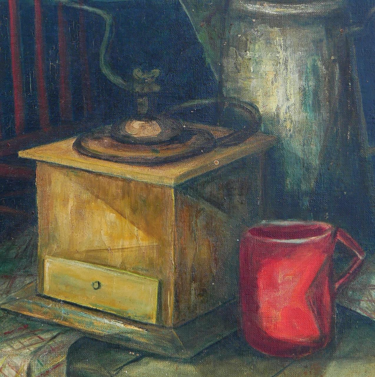 Modern Green and Red-Toned Abstract Cubist Still Life of Coffee Pot and Grinder For Sale 4