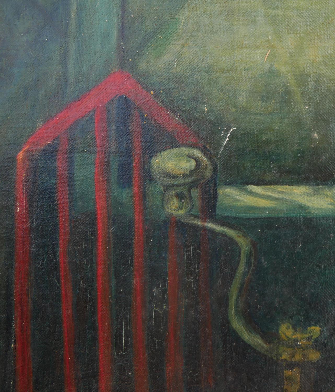 Modern Green and Red-Toned Abstract Cubist Still Life of Coffee Pot and Grinder For Sale 8