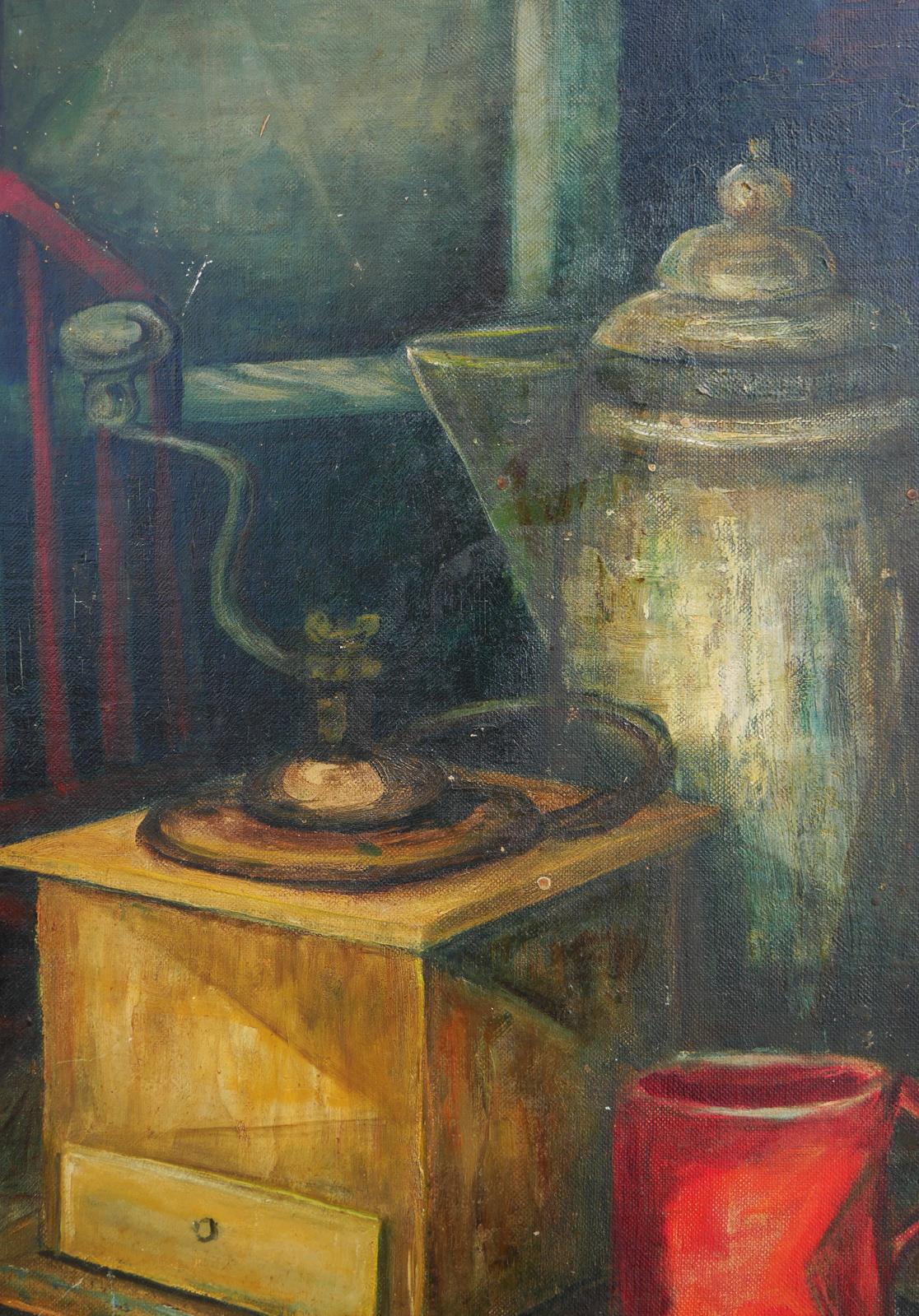 Modern Green and Red-Toned Abstract Cubist Still Life of Coffee Pot and Grinder For Sale 7