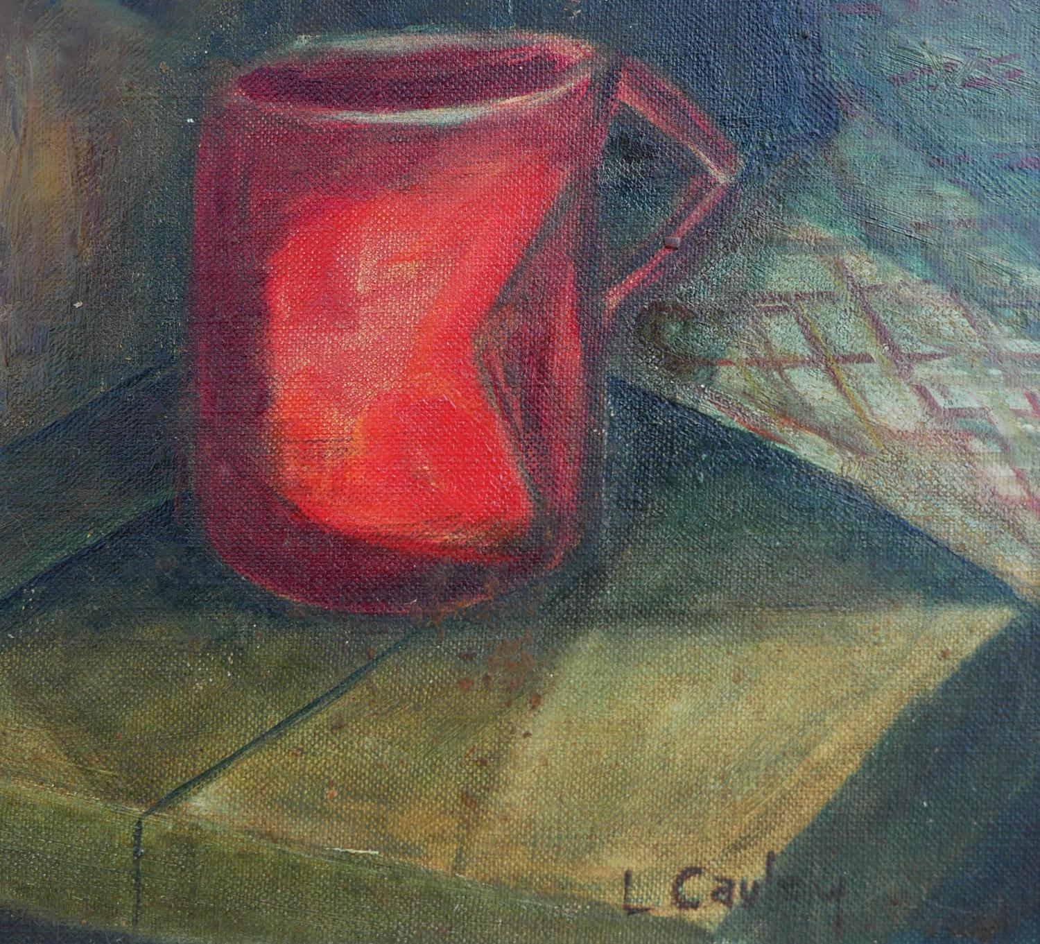 Modern Green and Red-Toned Abstract Cubist Still Life of Coffee Pot and Grinder For Sale 6