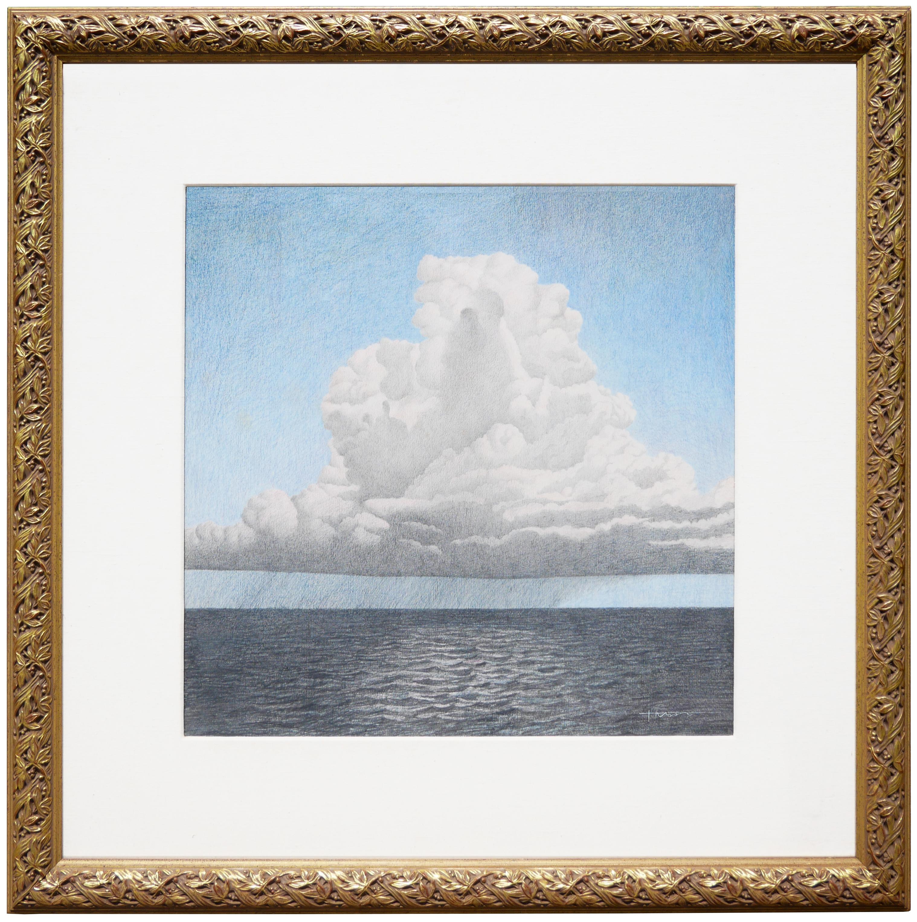 Paysage marin surréaliste abstrait aux tons pastel sous un grand dessin de nuages blancs