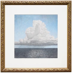 Pastel-Toned Abstract Surrealist Seascape Under a Big White Cloud Drawing
