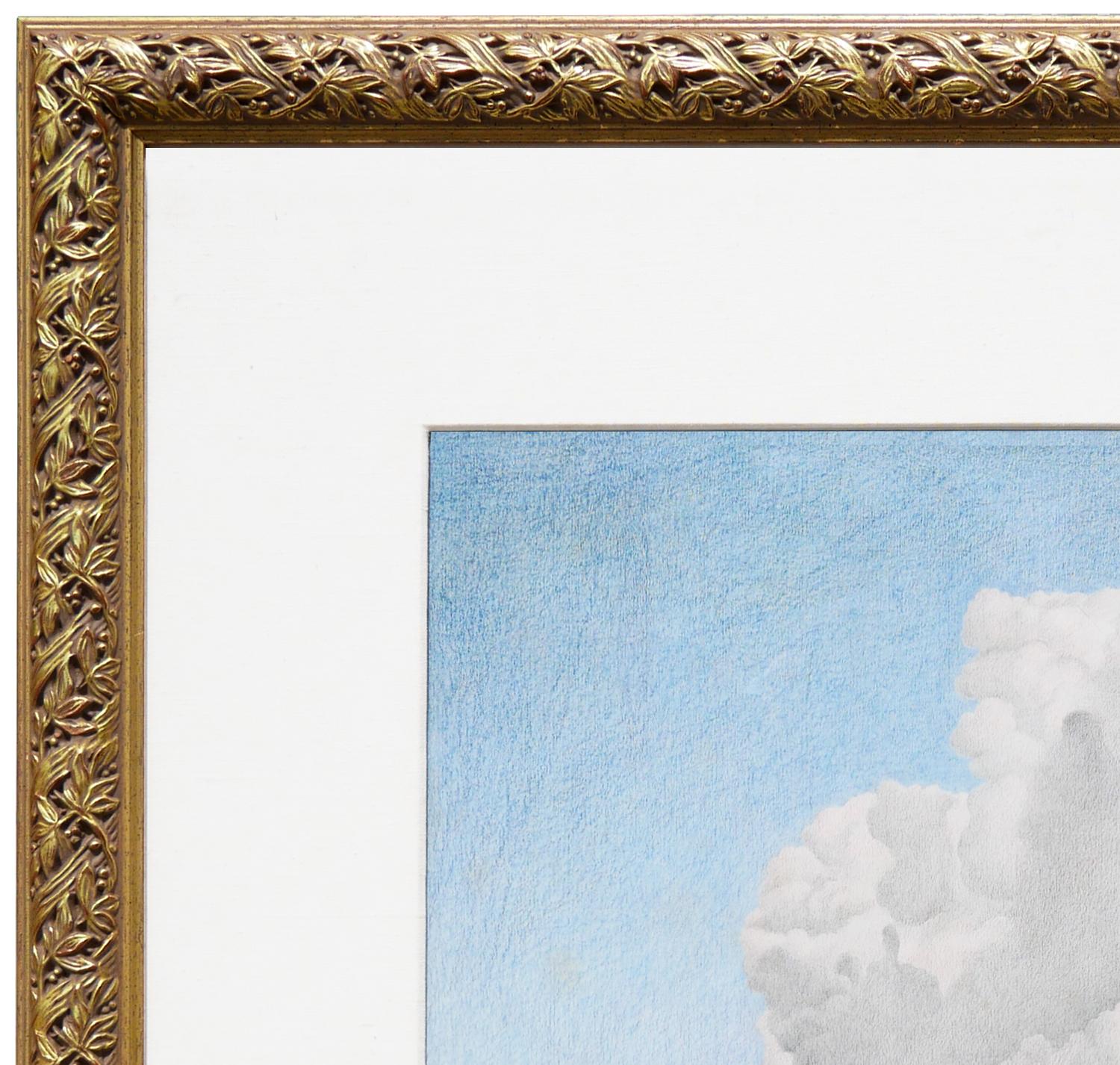 Pastel blue, gray and white abstract surrealist drawing by artist T. Moore. The drawing depicts a calm ocean under a big white cloud. This piece has some impeccable details and is a fine work of art. Signed by the artist at the bottom right.