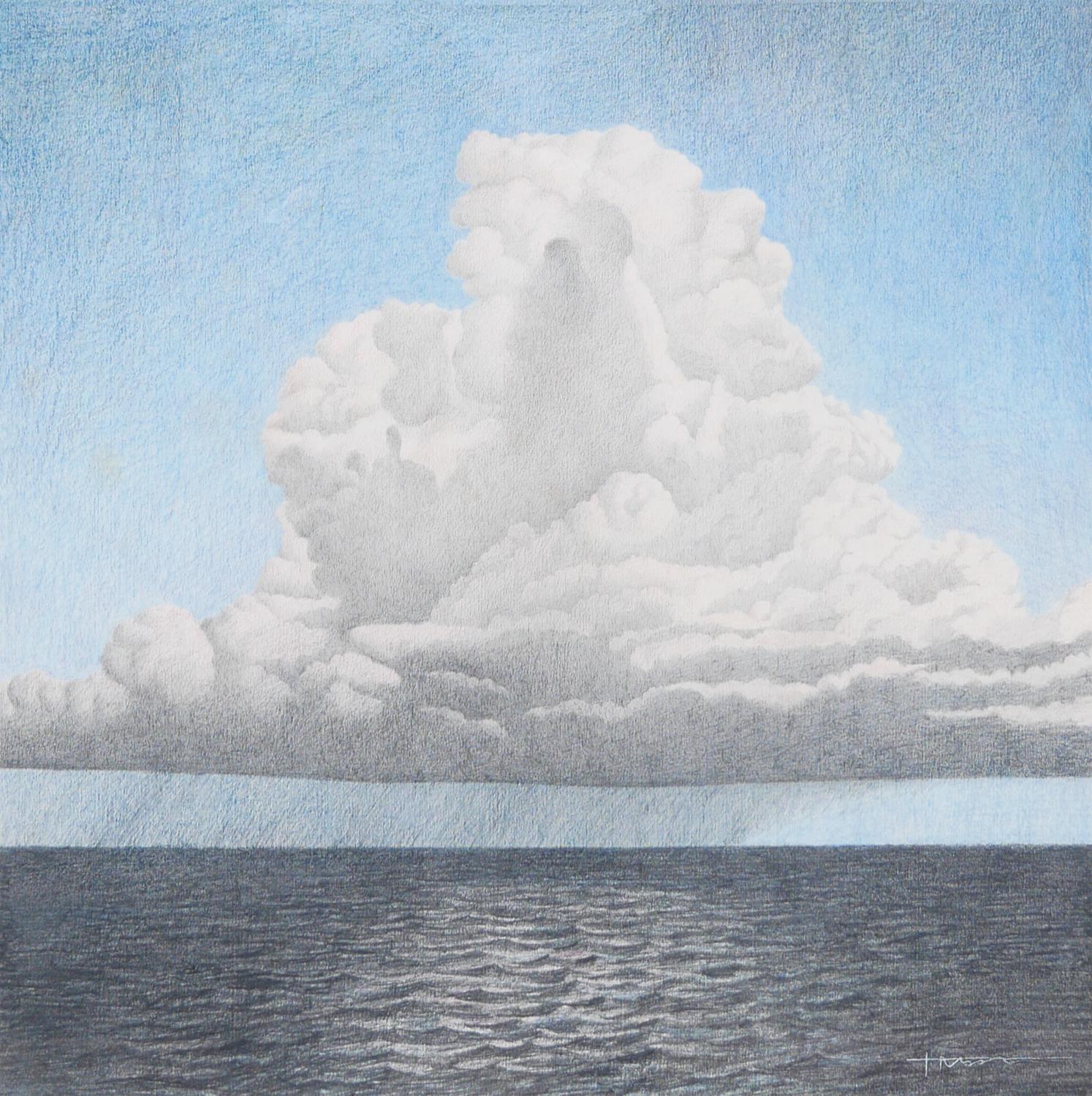 Pastel-Toned Abstract Surrealist Seascape Under a Big White Cloud Drawing For Sale 4