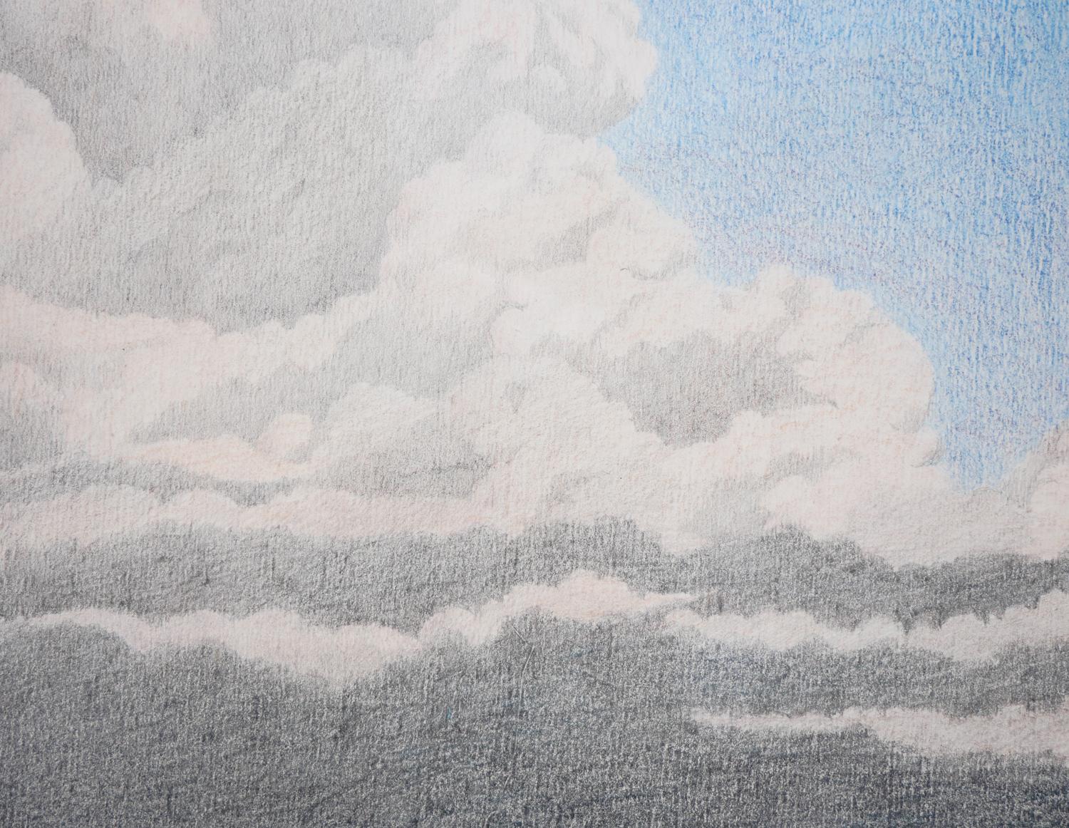 Pastel-Toned Abstract Surrealist Seascape Under a Big White Cloud Drawing For Sale 8