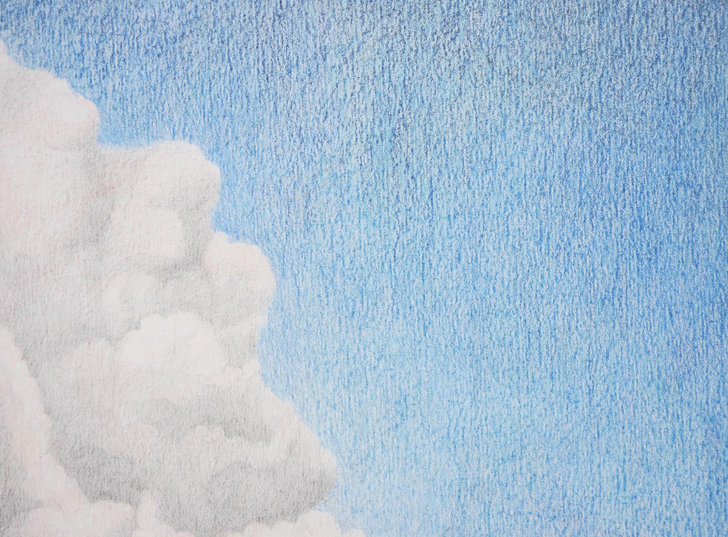 Pastel-Toned Abstract Surrealist Seascape Under a Big White Cloud Drawing For Sale 9