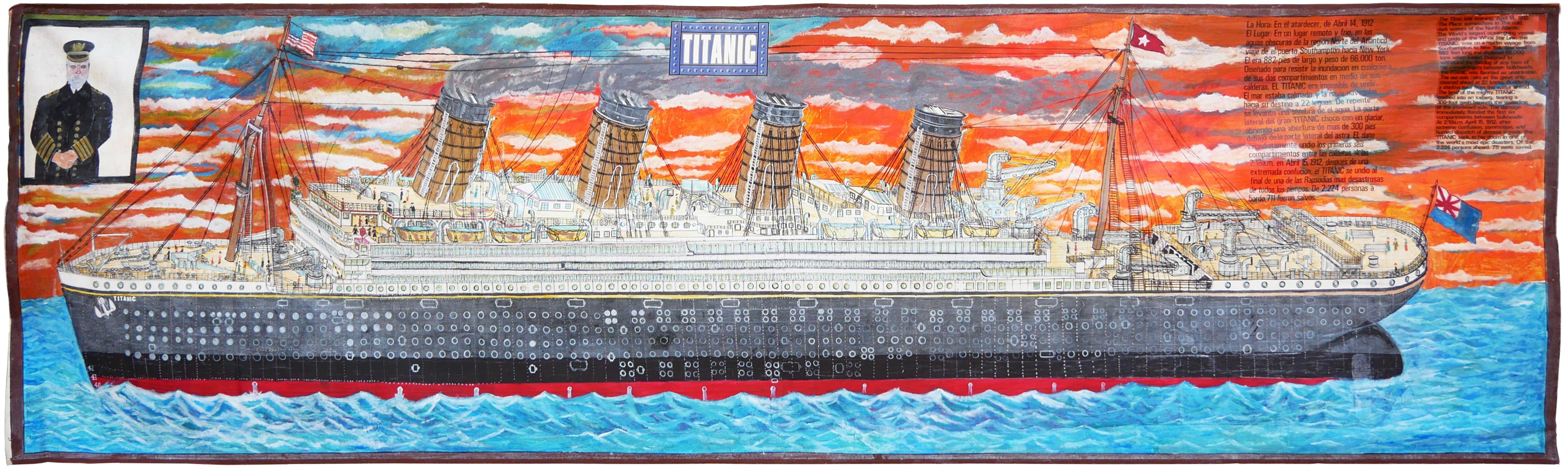 Peinture contemporaine abstraite aux tons orange et bleu du Titanic