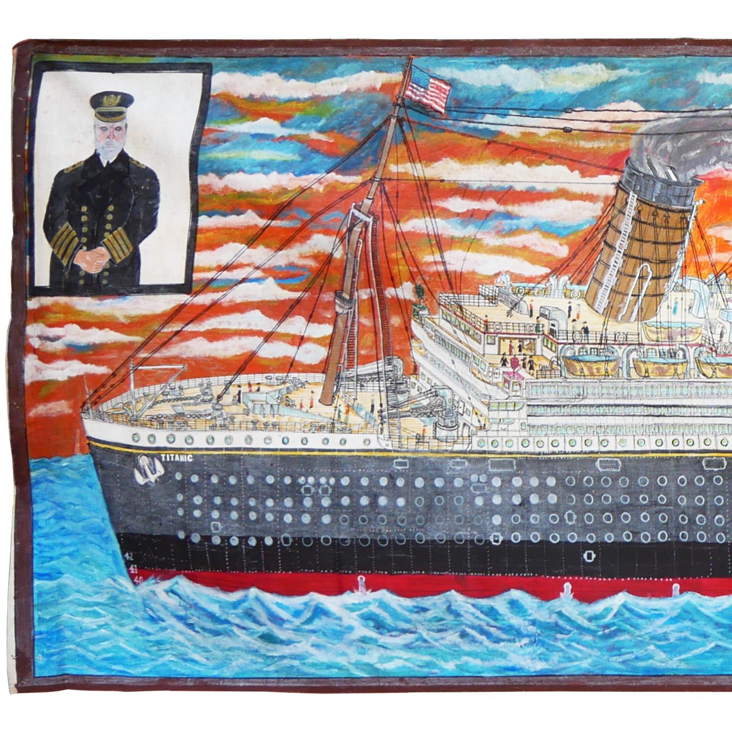 Blue and orange abstract contemporary outsider art. The piece depicts the massive Titanic ship against a dark orange sunset sky. The captain (Edward Smith) of the ship's portrait is emphasized in the upper left corner. The news about the tragedy is